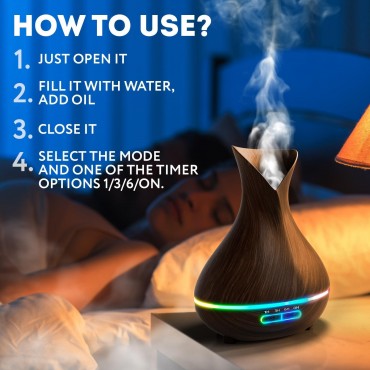 Aromatherapy Diffuser for Essential Oils 400ml Dark Wood Essential Oil Diffuser for Office Home Air Diffuser Humidifier with 13 Hour High Mist Output Waterless Auto Off 7 Color LED Lights