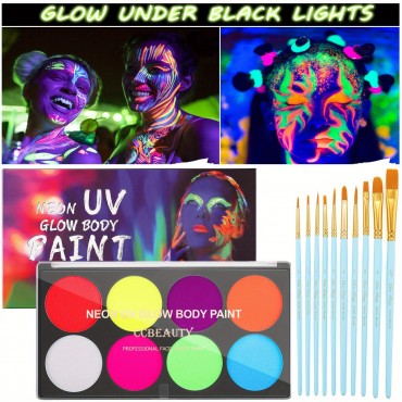 CC Beauty UV Glow Face Body Paint Palette, 8 Neon Glow In Black Lights Face Paint Kit, Water Activated Eyeliner, Safe Washable Adult, Halloween Makeup Costume Masquerades Club Makeup + 10 Brushes