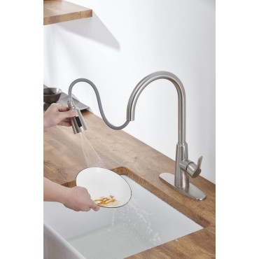 Kitchen Sink Faucet with Pull Out Sprayer Brushed Nickle,Stainless Steel High Arc Kitchen Sink Faucet, 3 Way Setting Single Handle Kitchen Faucets with Deck Plate