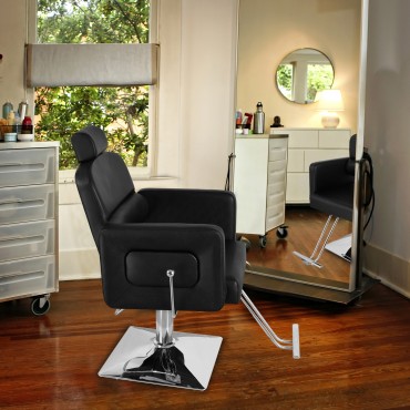 PVC Leather Cover Galvanized Square Plate With Footrest Reclining Barber Chair 300lbs Black HZ8897B N001