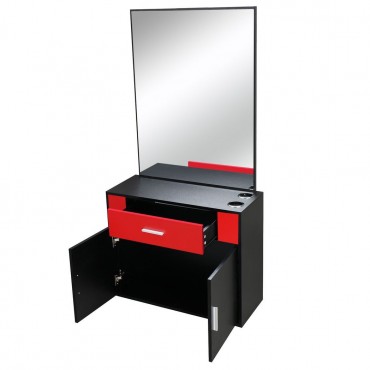 15% E0 chipboard linen top 1 drawer 1 door with mirror Salon cabinet black and red