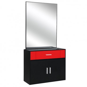 15% E0 chipboard linen top 1 drawer 1 door with mirror Salon cabinet black and red